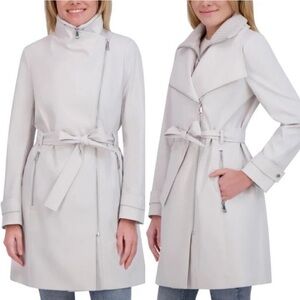 NEW Halston Women's Belted Wrap Silver Collared Trench Coat With Pockets, Size M